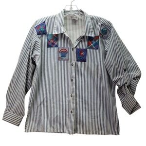 Koret City Blues Shirt Womens Petite Striped Button Down Embroidered Patches VTG